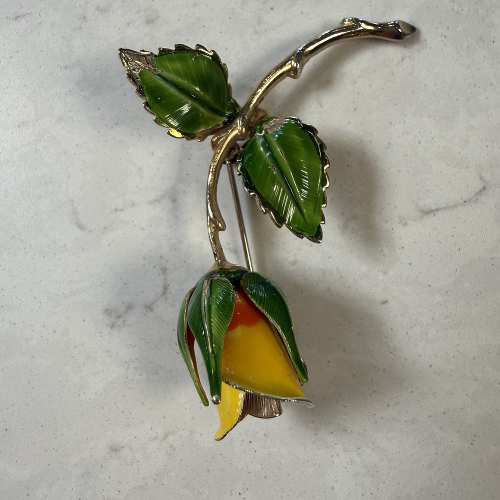 Vintage Goldtone GIOVANNI Yellow Orange Green Enamel ROSE Flower Brooch Pin